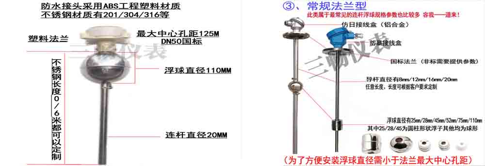 國標型塑料接頭浮球液位開關和常規法蘭型浮球液位開關